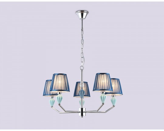  Подвесная люстра с абажуром и декором из керамики LH75061/5 CH/DB хром/темно синий E14/5 max 40W D690*810