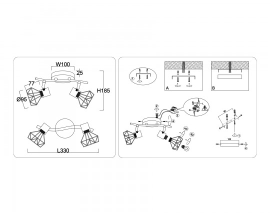  Настенно-потолочный спот в стиле лофт TR8656/2 BK/GD черный/золото E14/2 max 60W 330*100*185