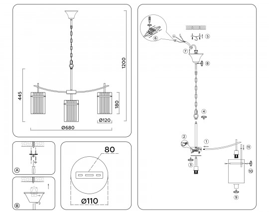  Подвесная люстра LH56031/5+1 BS/CL латунь/прозрачный E14*6 max 40W D680*1200