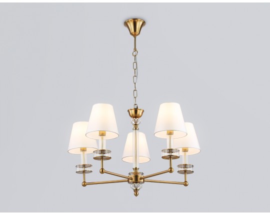  Подвесная люстра с абажурами и хрусталем LH71021/5 BS/WH латунь/белый E14*5 max 40W D670*1130