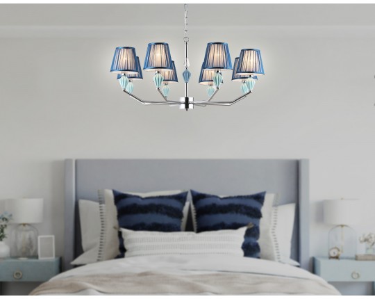  Подвесная люстра с абажуром и декором из керамики LH75063/8 CH/DB хром/темно синий E14/8 max 40W D870*810