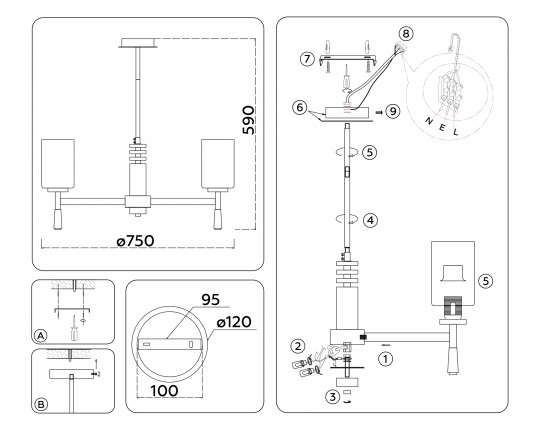  Люстра со стеклянными плафонами на штанге LH56253/7 SN/FR никель/белый матовый E27/7 max 60W D750*590