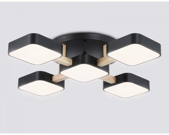  Люстра светодиодная на штанге FL4883/5 BK/WD черный/дерево 90W 3000-6000K 675*675*110 (без ПДУ)