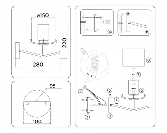  Настенный светильник LH57004 SN/FR никель/белый матовый E14 max 40W 280*150*220