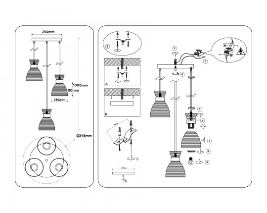  Светильник подвесной со стеклянными плафонами TR3405/3 BK/FGD/TI черный/золото/янтарь E27/3 max 60W D345*1000