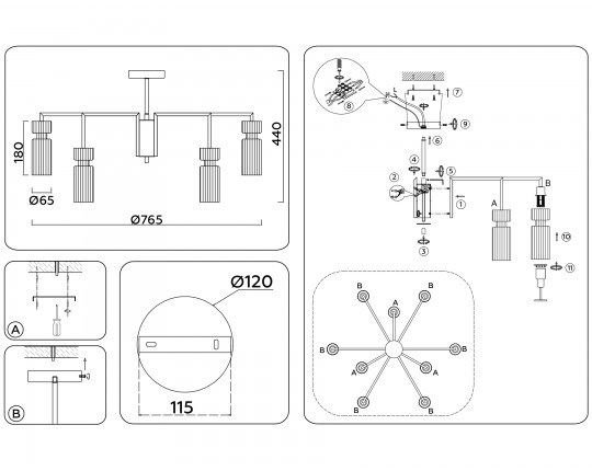  Люстра на штанге LH56117/9 BK/BS/CL черный/латунь/прозрачный E14*9 max 40W D765*440