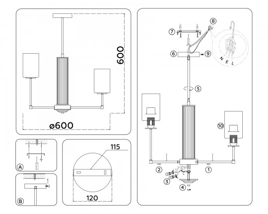  Люстра со стеклянными плафонами на штанге LH56211/6 SN/FR никель/белый матовый E27/6 max 60W D600*600