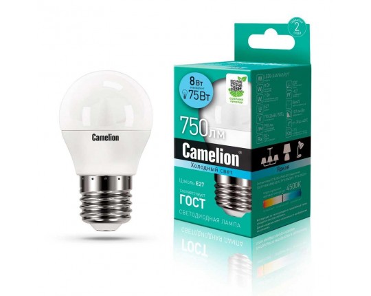 Лампа светодиодная Camelion E27 8W 4500K LED8-G45/845/E27 12394