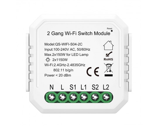 ST9000.500.02C WI-FI реле 2 канала, 2x150W,IP20, L46xW46xH18,230V, Белый