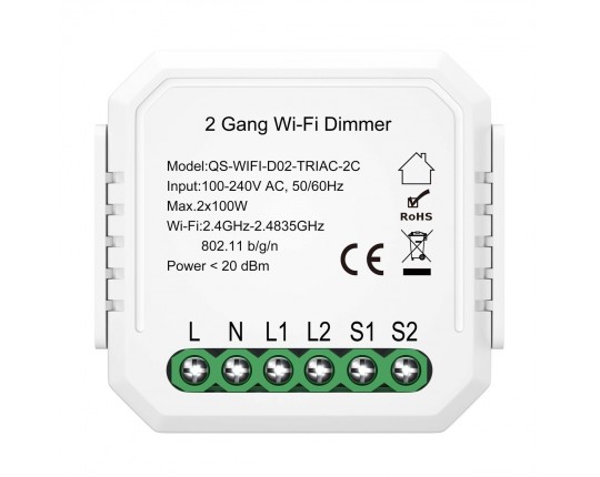 ST9000.500.02CDIM WI-FI диммируемое реле 2 канала 2x100W, IP20, L46xW46xH18, 230V, Белый