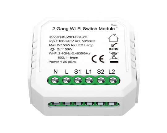 ST9000.500.02C WI-FI реле 2 канала, 2x150W,IP20, L46xW46xH18,230V, Белый