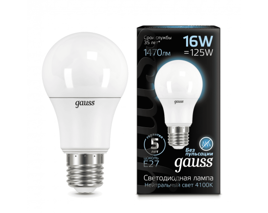 Лампа Gauss A60 16W 1520lm 4100K E27 LED 1/10/50