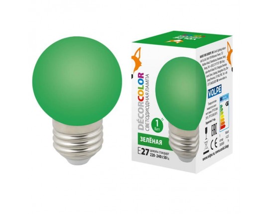 Лампа светодиодная Volpe E27 1W зеленая LED-G45-1W/GREEN/E27/FR/С UL-00005648