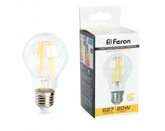 Лампа светодиодная филаментная Feron E27 20W 2700K прозрачная LB-620 38245