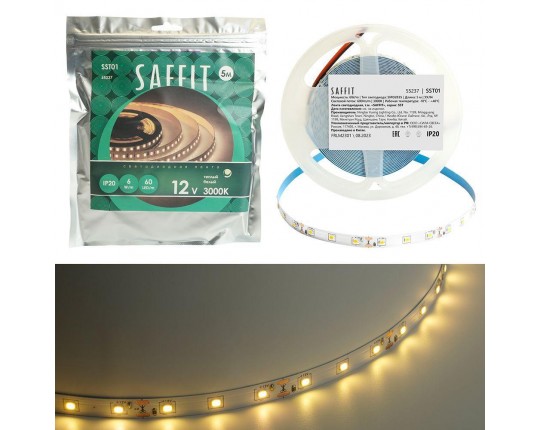 Светодиодная лента Saffit 6W/m 60LED/m 2835SMD теплый белый 5М SST01 55237