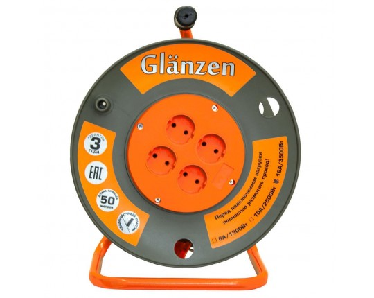 Удлинитель силовой на катушке Glanzen 4 гн. ПВС 2х2,5 EB-50-008