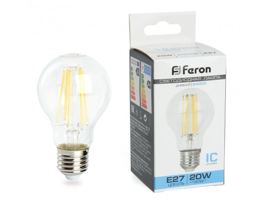 Лампа светодиодная филаментная Feron E27 20W 6400K прозрачная LB-620 48285