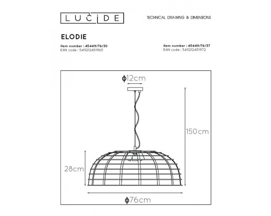 Подвесная люстра Lucide Elodie 45449/76/30